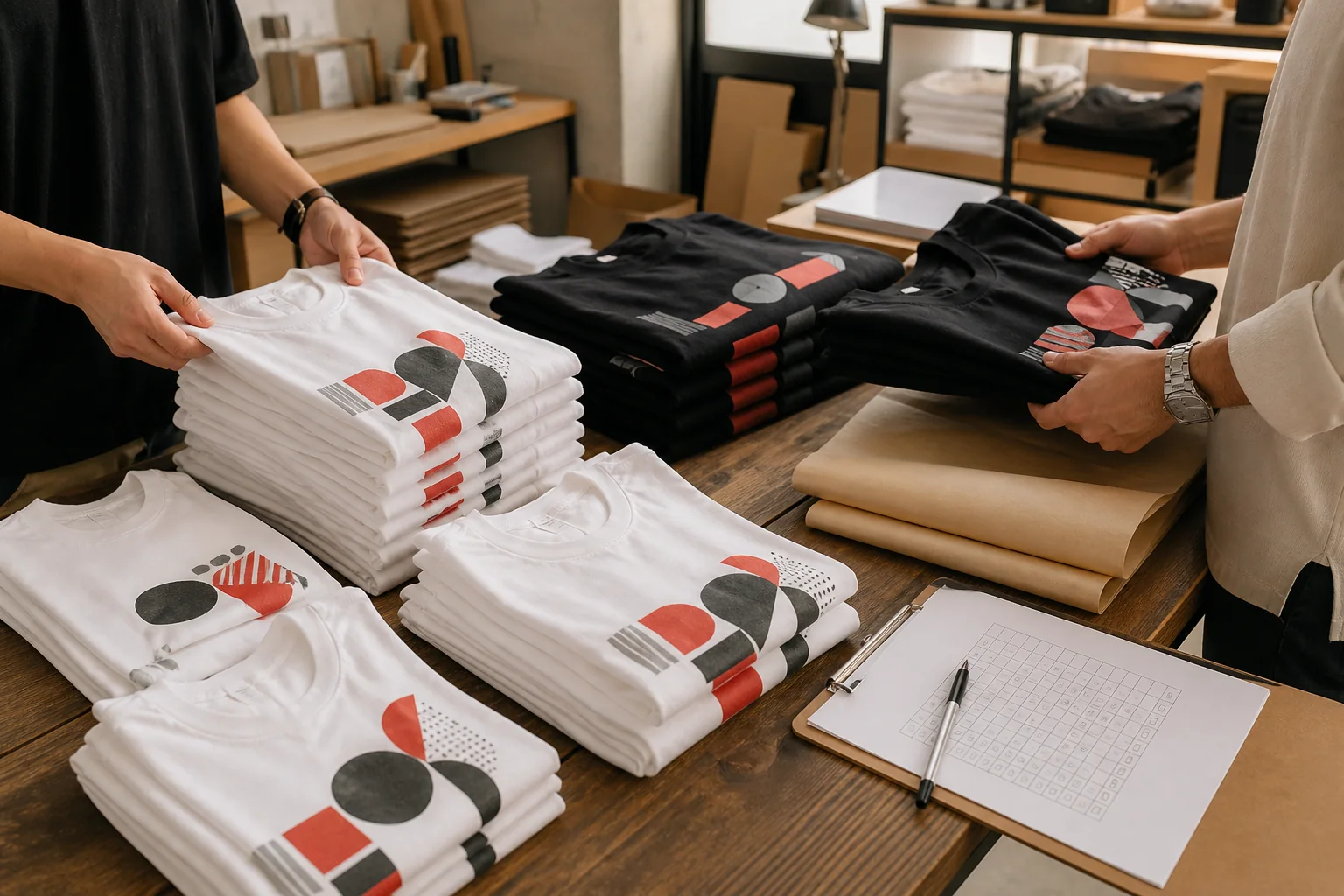 Illustration of a printed group t-shirt order being sorted